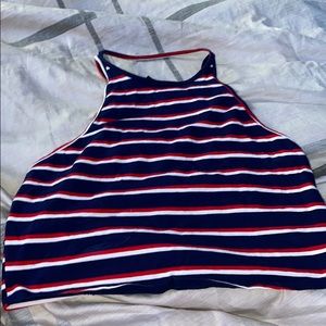 red blue and white halter top, kind of stretchy